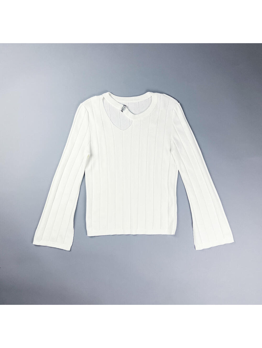 Y2K White Ribbed Long Sleeve Sweater with Cutout Detail and Bell Sleeves
